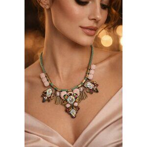 J.Crew Dragonfly Crystal Statement Necklace Multi-Color Gold Pink Turquoise